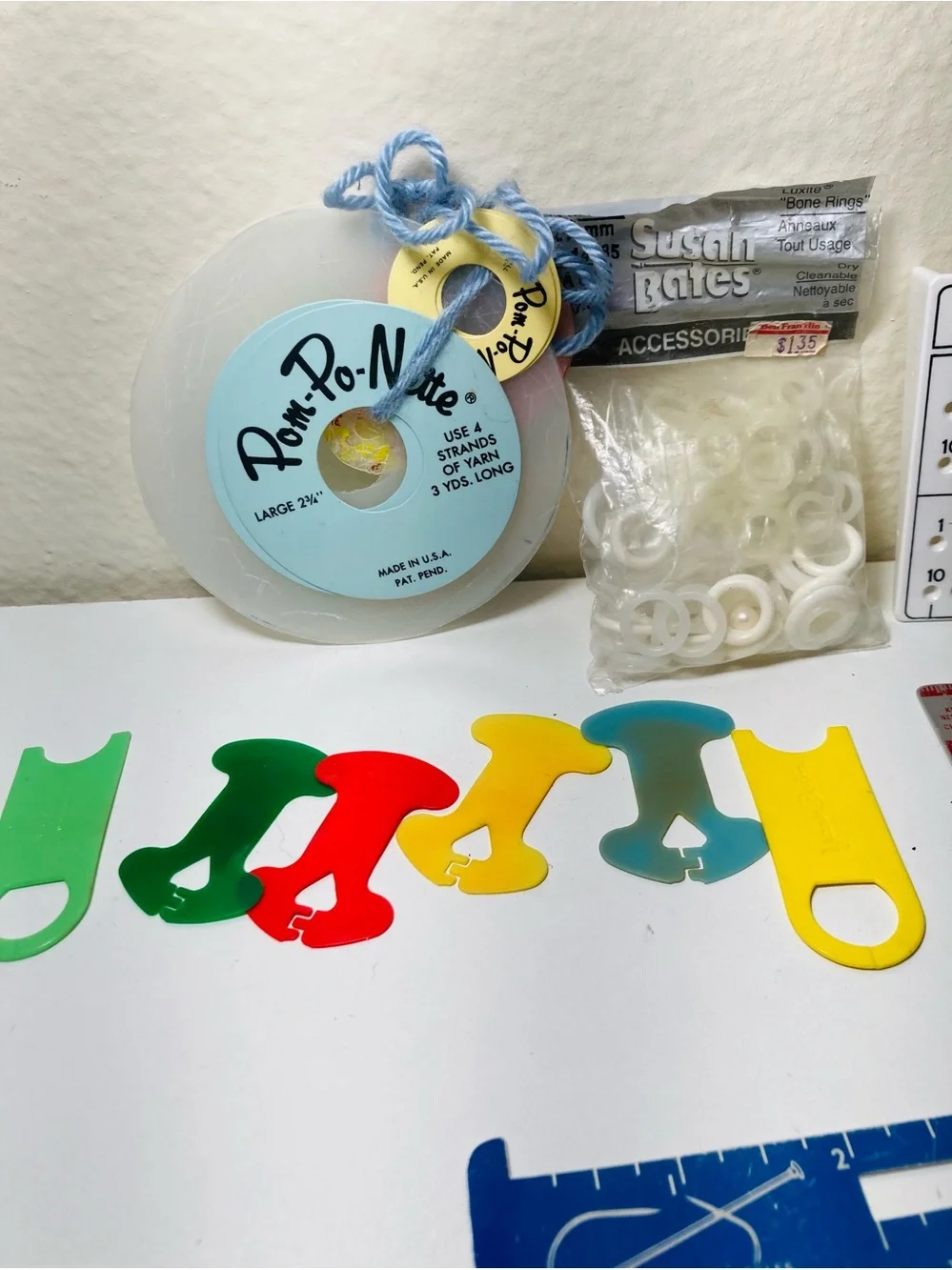 Vintage Knitting Notions: Stitch Holders, 3 knit check sizers, Pom Pom maker
